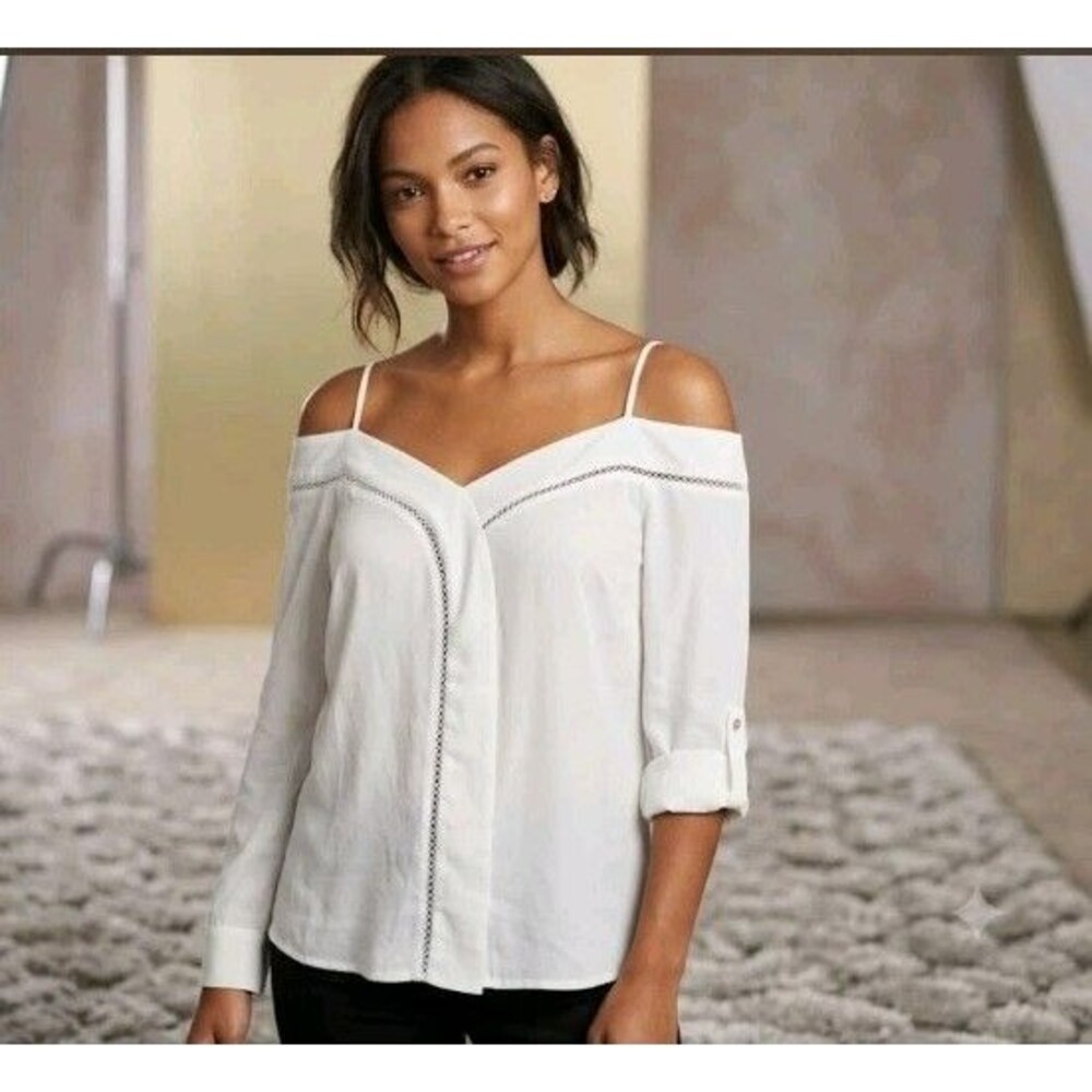 En Elly By Anthropologie Cold Shoulder Blouse L Ladder Lace Trim Rayon